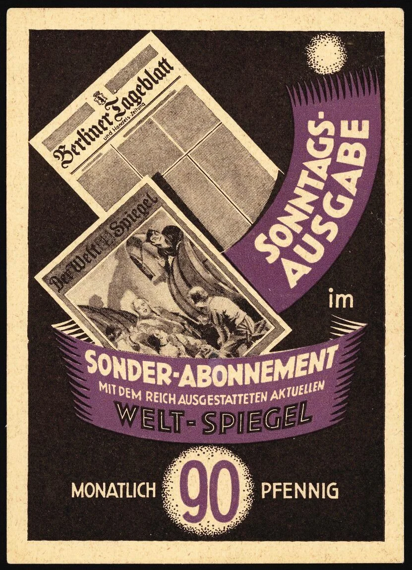 Handel:
Werbung.

Abonnentenwerbung_der_Sonntagsausgabe_des_"Berliner_Tageblatts".

Lithographie_(Postkarte),_um_1910.