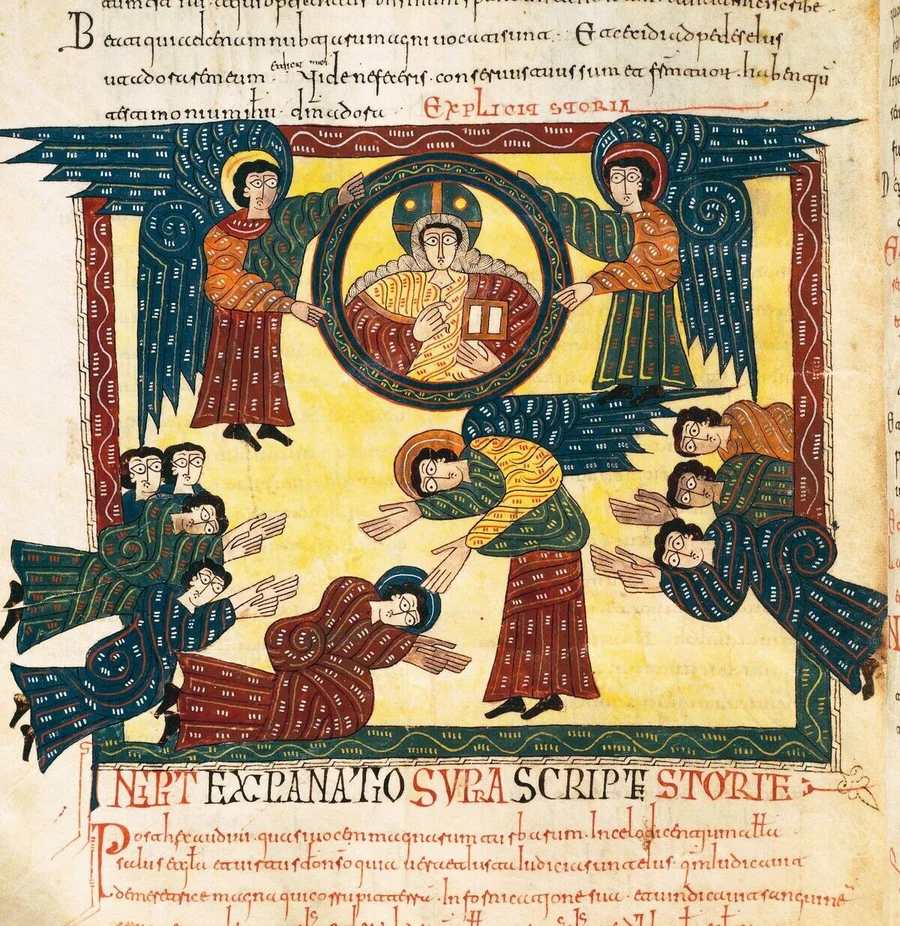 DGA517189_Saint_John_falling_at_the_feet_of_the_angel,_miniature_from_Review_of_the_Apocalypse_of_Saint_Beatus_of_Lieban