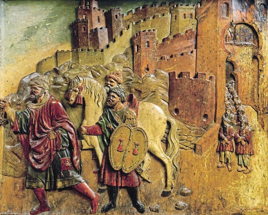 DGA627211_Boadbil_last_Muslim_king_leaving_Granada_in_1492_after_handing_over_keys_of_city,_15th_century,_altarpiece_by_