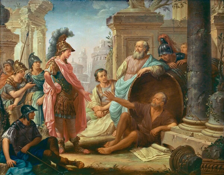 Diogenes_von_Sinope;_griechischer_Philosoph;_gest._323_v._Chr.
–_"Alexander_der_Große_und_Diogenes"
(Diogenes_in_der_Ton