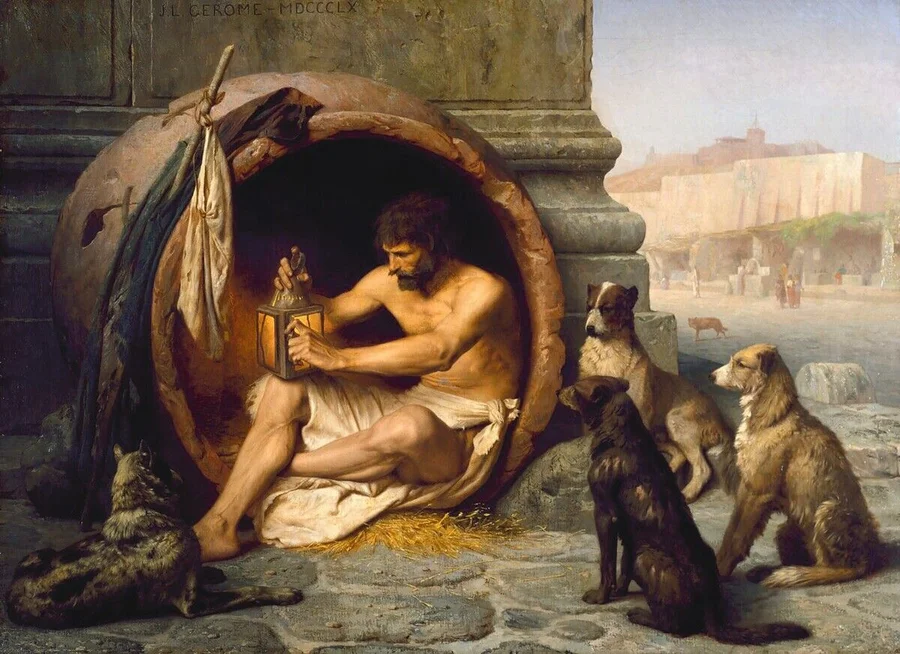 The_Greek_philosopher_Diogenes_(404-323_BC)_seated_in_his_earthenware_tub_in_Athens._His_companion_dogs_serve_as_emblems