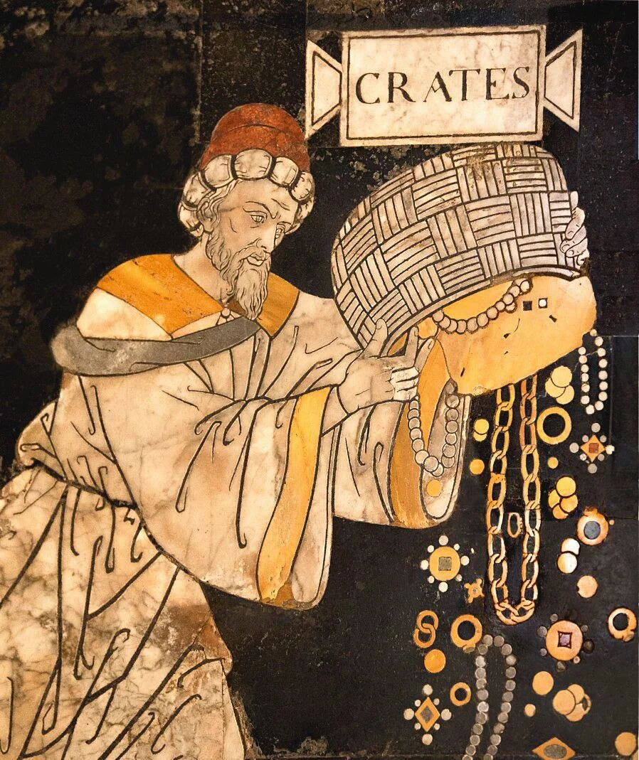 Crates_was_a_Cynic_philosopher_who,_like_Diogenes,_the_most_famous_of_the_Cynics,_gave_away_his_money_to_live_a_life_of_