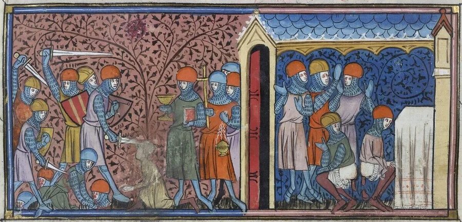 Plünderung_des_Almansor_von_Cordoba;_er_plündert_St_James;_Bestrafung_der_Sarazenen.

Buchmalerei,_Frankreich,_um_1325/5