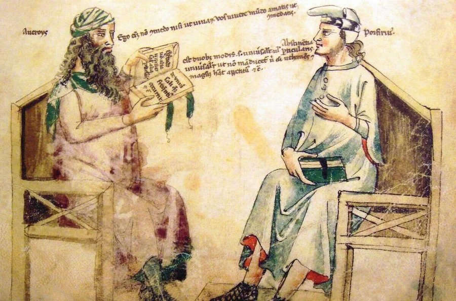 PFH1176043_Spain_/_Al-andalus:_Imaginary_debate_between_Ibn_Rushd_(Averroes)_and_Porphyry_of_Tyre._Monfredo_de_Monte_Imp