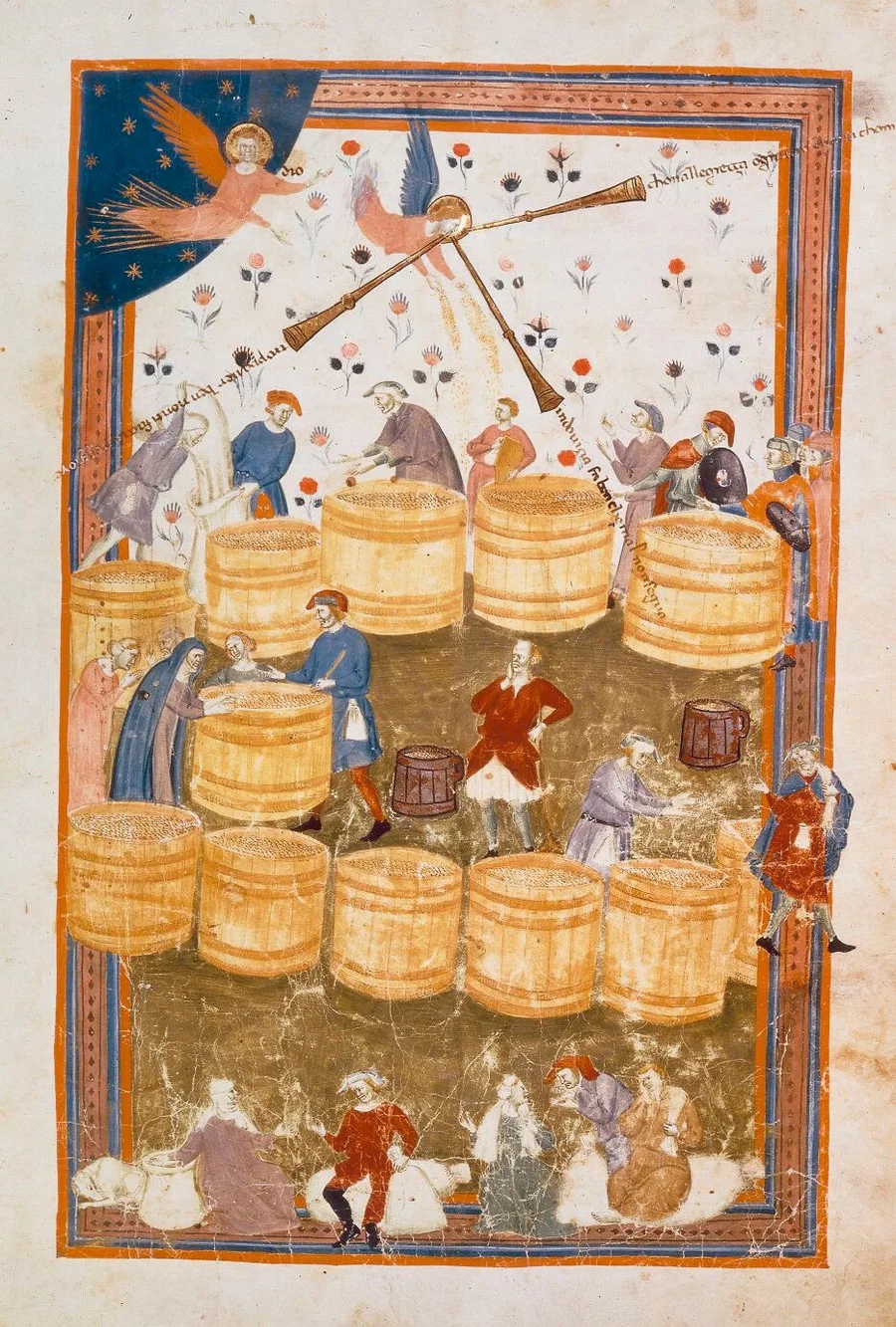Buchmalerei,
florentinischer_Meister,_um_1335/40.

Getreidehandel.

Aus:_Domenico_Lenzi,_Specchio_umano_(Il_Biadaiolo).
