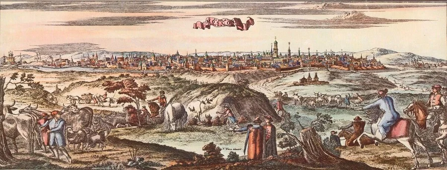 Moskau.

Ansicht_der_Stadt_Moskau.

Kupferstich,_koloriert,_um_1650.
Bezeichnet:_"N.Witzen_delineavit".