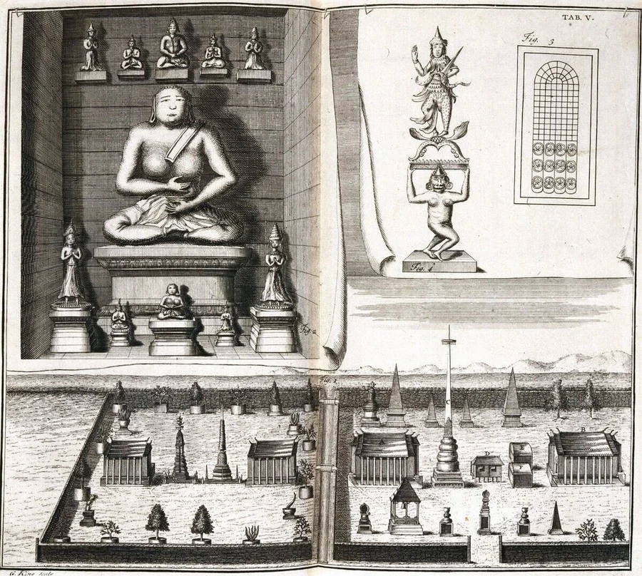 Chancellor's_temple,_Ayutthaya,_Siam,_c_1690.Engraving_by_G_King_after_drawings_by_Engelbert_Kaempfer_(1651-1716),_from_