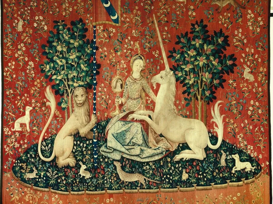 JLJ4683057_Curtain_of_the_Lady_of_the_Unicorn,_1484-1500_(wool_&_silk)_by_Flemish_School,_(15th_century);_Musee_National