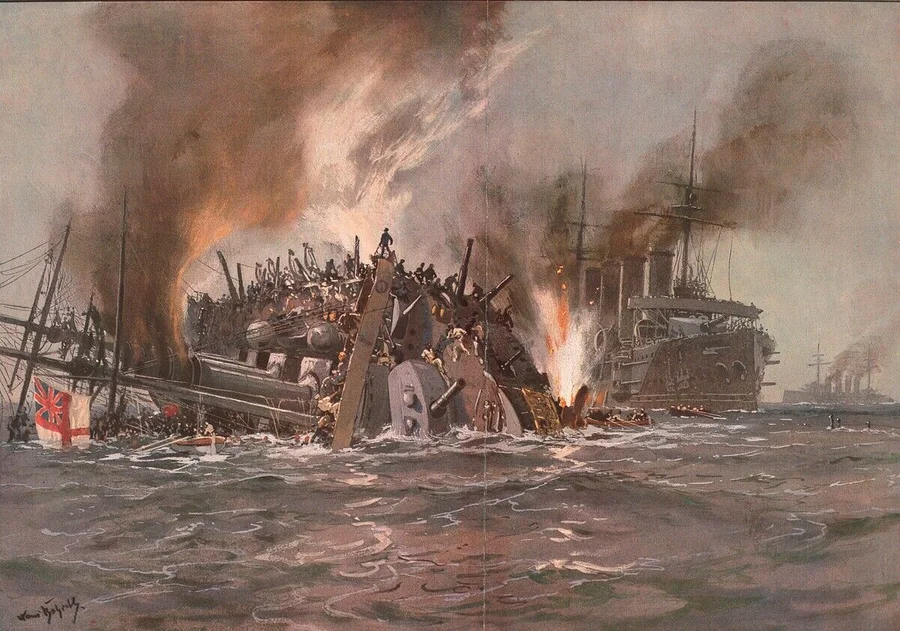 1._Weltkrieg_/_Seekrieg.

"Die_drei_englischen_Panzerkreuzer_Aboukir,_Hogue_und_Cressy_werden_in_der_Nordsee,_20_Seemeil