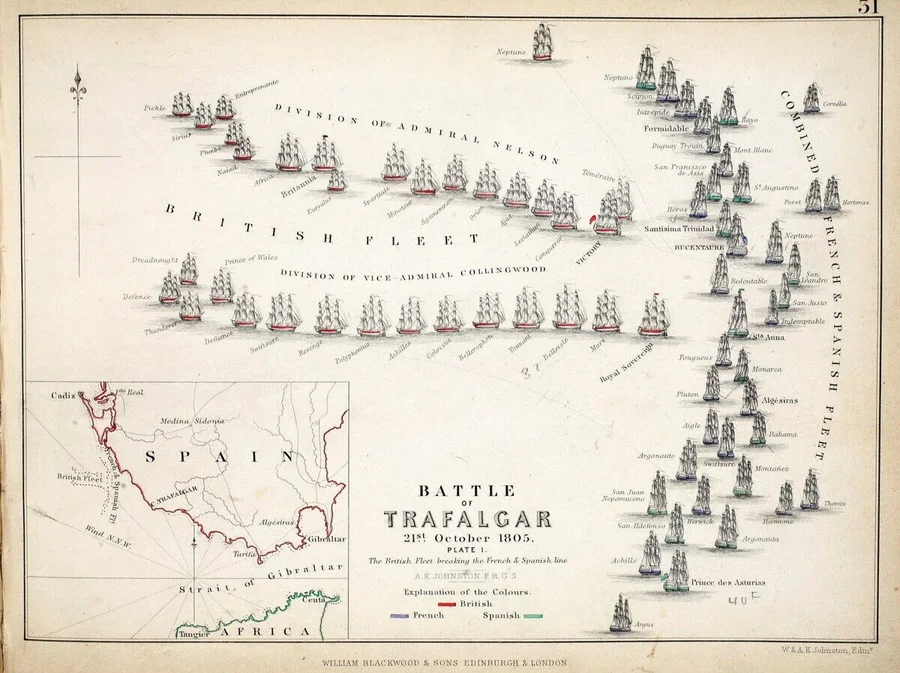 746913_Map_of_the_Battle_of_Trafalgar,_published_by_William_Blackwood_and_Sons,_Edinburgh_&_London,_1848_(hand-coloured_